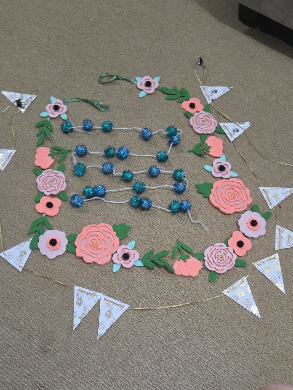 Floral Gelt Garland And Teal Pom Pom Garland, Summer Garland Bundle